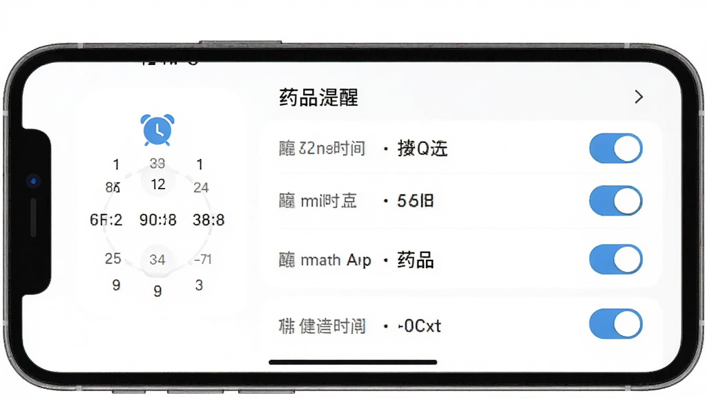 主体是小立健康APP的用药提醒设置页面,布局为时间选择器与药品列表,排版为提醒时间与药品名称对应排列,风格为简洁实用风,细节包括闹钟图标和开关按钮,画质干净无多余元素