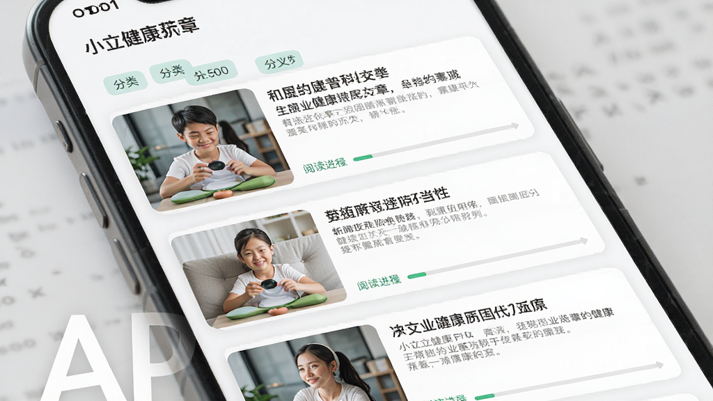 主体是小立健康APP的健康科普文章列表页,布局为图文卡片纵向排列,排版为标题与缩略图左右结构,风格为杂志阅读风,细节包括分类标签和阅读进度条,画质高清干净无多余元素