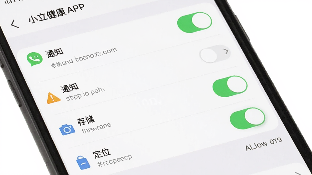 主体是手机屏幕显示小立健康APP的权限设置界面,布局为权限列表与开关按钮,排版为通知、存储、定位等权限项纵向排列,风格为系统设置风,细节包括高亮显示的允许按钮和警示图标,画质清晰干净无多余元素