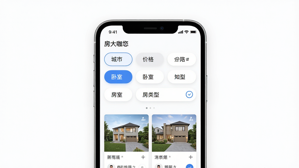 一张展示房大咖房源筛选功能的界面截图风格图,画面主体是一部手机屏幕,屏幕上显示着多个筛选条件标签如城市、价格、卧室数量、房屋类型等,标签以卡片形式排列,屏幕下方展示着房源列表缩略图,整体风格为清新简约的UI设计风,细节上筛选标签有选中高亮效果,背景为纯白色,画质高清,干净,无多余元素