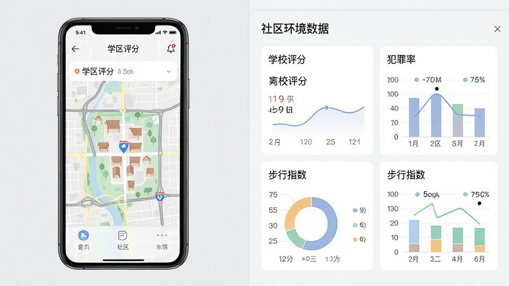 一张展示房大咖学区与社区评估功能的示意图,画面左侧是一部手机显示学区评分地图,右侧是社区环境数据面板,包含学校评分、犯罪率、步行指数等图表,整体布局为左右分栏,风格为商务数据可视化风,细节上图表颜色柔和,数据清晰可读,背景为浅灰色,画质高清,干净,无多余元素