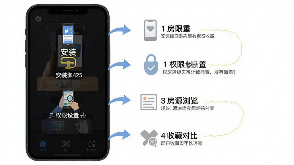 一张展示房大咖移动端操作流程的示意图,画面主体是手机屏幕从上到下依次展示安装、权限设置、房源浏览、收藏对比四个步骤,每个步骤配有简洁的图标和文字说明,整体布局为纵向流程式排版,风格为扁平化教程风,细节上步骤之间有箭头连接,背景为白色,画质高清,干净,无多余元素