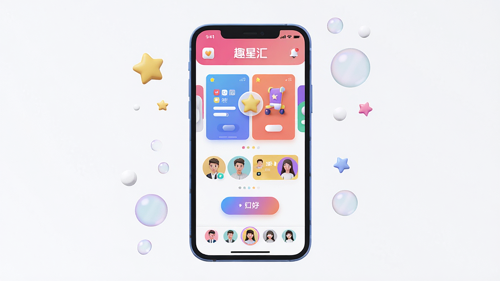 һ��չʾ��Ȥ�ǻ㡱�ֻ�Ӧ�ý����3D��Ⱦͼ������������һ�����������ֻ�����Ļ����ʾ��ɫ���ͷ׵�����������ҳ��������̬��Ƭ��������ť���û�ͷ�񣬲��ֲ������ĶԳ��Ű棬���Ϊ�ִ���ƽ����ƣ�ϸ�����ֻ���ΧƯ�������Ǻ�����Ԫ�أ����廭�ʸ��壬����ɾ����޶���Ԫ�ء�