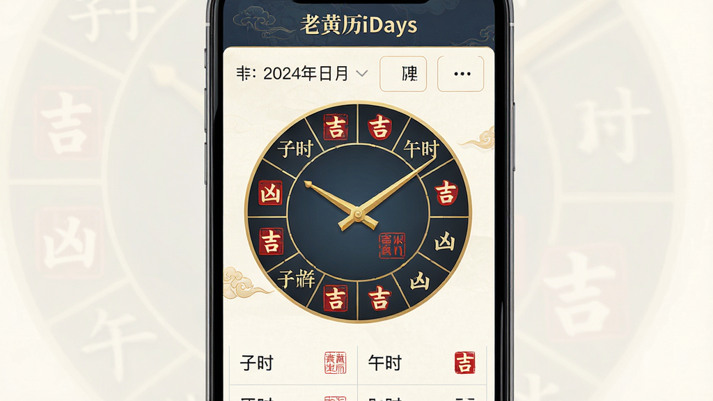 一幅展示“老黄历iDays”软件吉时查询功能的界面图。主体为手机屏幕,屏幕内以圆形时钟或列表形式展示十二时辰,其中“子时”、“午时”等时辰旁标注有“吉”或“凶”的印章图标。布局为上下结构,上方为日期选择,下方为时辰列表。风格为古典与现代结合,细节包括金色指针和红色印章。画质高清,画面干净,无多余元素。