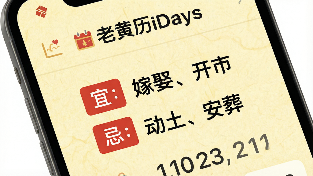 一幅展示“老黄历iDays”软件每日宜忌功能的界面特写图。主体是手机屏幕,屏幕上显示着“宜:嫁娶、开市”和“忌:动土、安葬”的红色与黑色文字标签。布局为居中排版,背景为淡黄色宣纸纹理。风格为扁平化UI设计,细节包括清晰的图标和日期数字。画质清晰,画面干净,无多余元素。