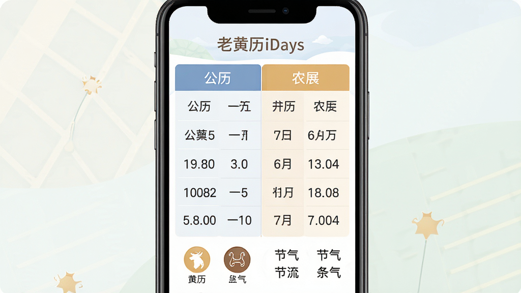 一幅展示“老黄历iDays”软件万年历换算功能的界面图。主体是手机屏幕,屏幕中央显示公历与农历日期的对照表,下方有生肖图标和节气文字。布局为左右分栏,左侧公历,右侧农历。风格为简约商务风,细节包括清晰的数字字体和淡雅的背景色。画质清晰,画面干净,无多余元素。
