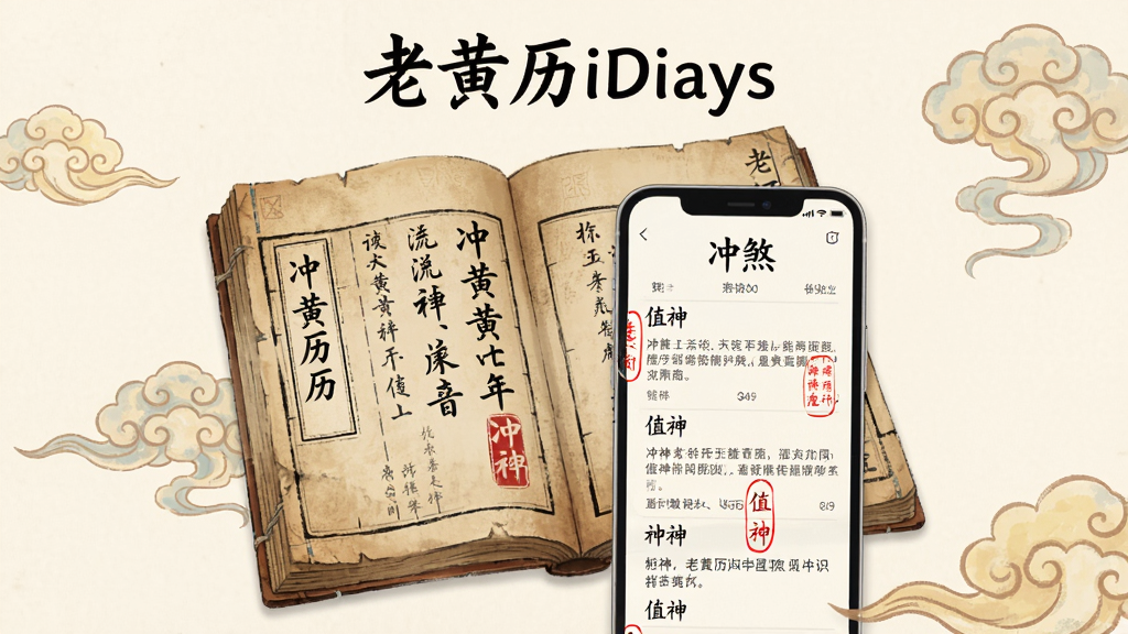 一幅展示“老黄历iDays”软件民俗知识科普页面的插画。主体是一本翻开的古籍与现代手机屏幕叠加,屏幕上显示着“冲煞”、“值神”等术语的解释文字。布局为居中构图,背景有祥云图案。风格为国风插画,细节包括毛笔字迹和红色批注。画质高清,画面干净,无多余元素。