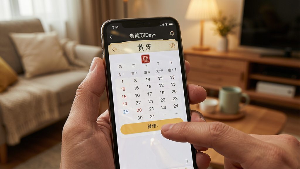 一幅展示用户手持手机使用“老黄历iDays”软件的场景图。主体是一部智能手机,屏幕显示黄历界面,手指正在点击日期选择按钮。布局为第一人称视角,背景为温馨的家居环境。风格为写实摄影,细节包括手机屏幕的反光、手指的肤色纹理。画质高清,画面干净,无多余元素。