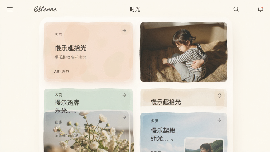 慢乐趣拾光 软件主界面预览图,展示柔和色调的时光卡片列表,包含文字与图片混排布局,背景为浅米色,风格清新简约,画质清晰干净,无多余装饰元素