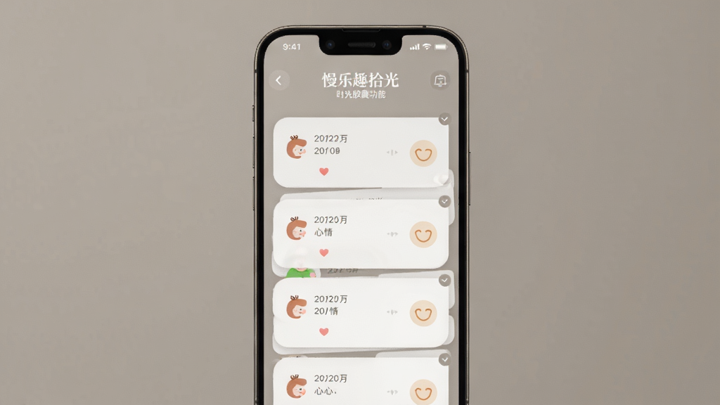 慢乐趣拾光 时光胶囊功能界面,手机屏幕中显示多条带有日期和心情图标的记录卡片,背景为暖灰色,风格柔和极简,画质清晰,干净无多余元素