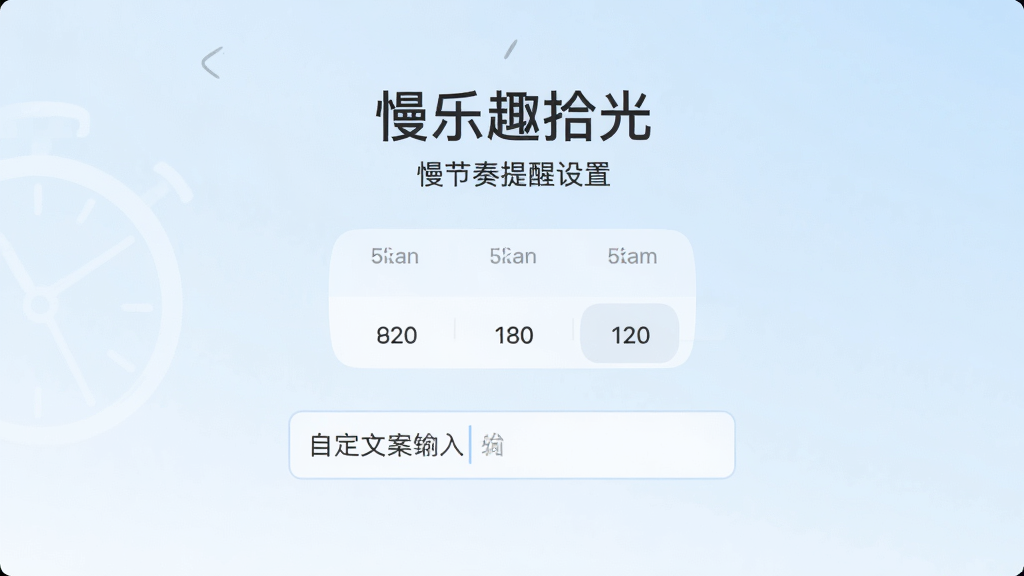 慢乐趣拾光 慢节奏提醒设置页面,显示时间选择器与自定义文案输入框,界面布局居中,背景为淡蓝色渐变,风格清爽素雅,画质细腻,无杂乱元素