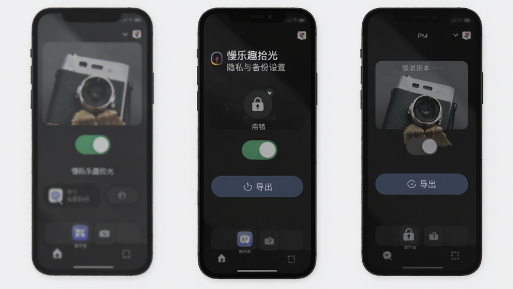 慢乐趣拾光 隐私与备份设置界面,展示应用锁开关与导出按钮,界面为深色模式,风格沉稳简洁,画质清晰,布局规整,无多余元素
