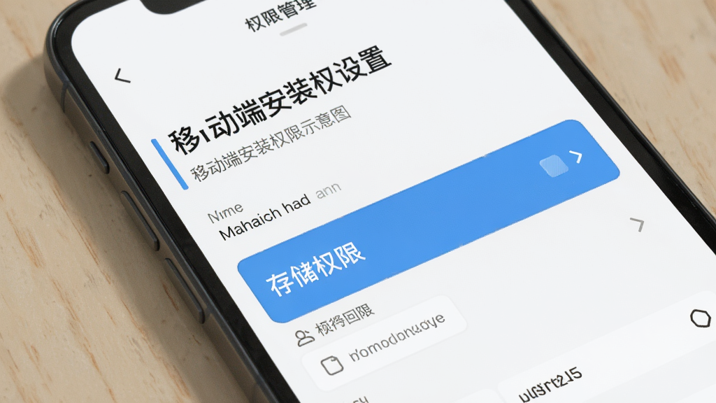 慢乐趣拾光 移动端安装权限设置示意图,手机屏幕显示权限管理页面,高亮标注存储权限选项,风格简洁明了,画质清晰,无多余元素