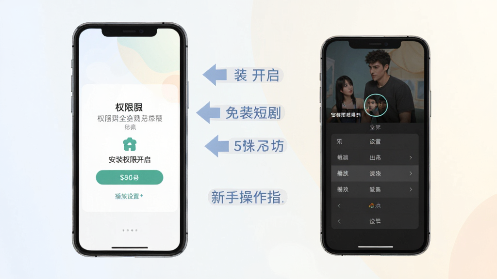 免费短剧全好看新手操作指引图,画面展示一部手机屏幕,屏幕上显示安装权限开启界面和播放设置菜单,旁边有箭头和文字标注操作步骤,风格扁平化设计,色彩柔和,细节清晰,画质高清,干净无多余元素