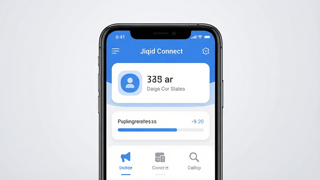 一张展示Jiqid Connect软件核心功能的整体预览图,主体为一部智能手机屏幕,屏幕上显示Jiqid Connect应用主界面,界面包含设备连接状态、文件传输进度条和功能导航栏,布局居中对齐,排版简洁清晰,风格为现代科技感扁平化设计,细节上体现蓝色与白色为主色调,图标圆润精致,背景为浅灰色渐变,画质高清,画面干净,无多余元素。