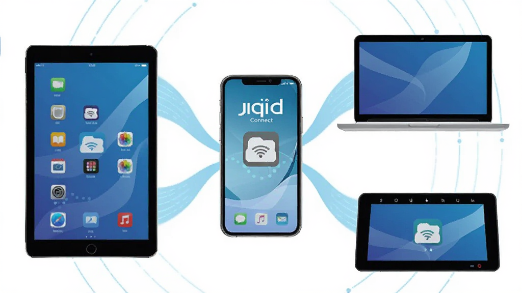 一张展示Jiqid Connect多设备互联功能的示意图,主体为一部手机居中,周围环绕平板、笔记本电脑和车载屏幕,各设备之间用淡蓝色光线连接,布局呈放射状,排版平衡,风格为科技感扁平插画,细节上体现设备图标清晰、连接线条流畅,背景为深蓝色渐变,画质高清,画面干净,无多余元素。