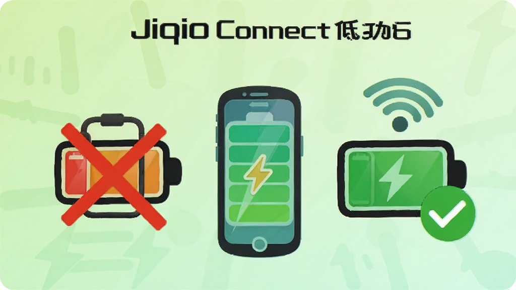 一张展示Jiqid Connect低功耗运行特性的信息图,主体为手机电池图标和连接信号图标,布局为左右对比,左侧为高功耗图标打叉,右侧为低功耗图标打勾,排版简洁,风格为扁平化图标设计,细节上体现颜色对比鲜明、图标圆润,背景为浅绿色渐变,画质高清,画面干净,无多余元素。
