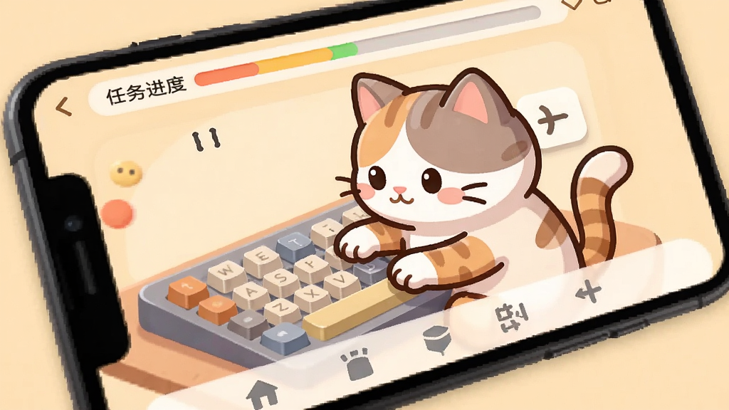手机屏幕显示喵喵打字应用主界面,界面中央有可爱的猫咪卡通形象正在敲击键盘,背景是柔和的暖色调,界面布局为顶部显示任务进度条,中部为打字练习区域,底部为功能导航栏,风格为扁平化卡通插画,细节包括键盘按键的立体感与猫咪专注的表情,画质清晰明亮,干净整洁,无多余元素