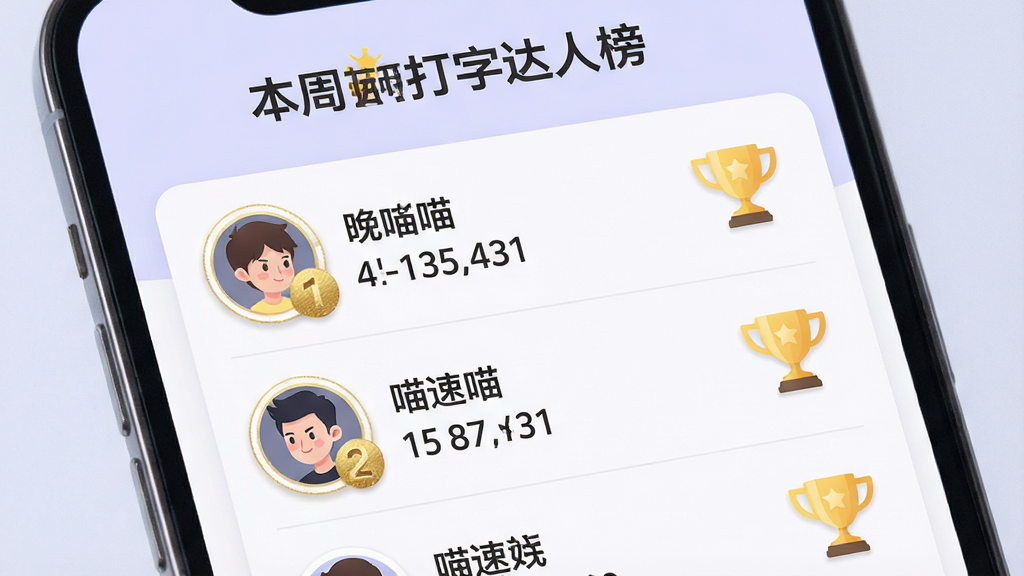 喵喵打字排行榜页面展示图,画面为手机屏幕中的排行榜列表,顶部显示“本周打字达人榜”标题,下方依次排列着用户头像、昵称、打字速度数值和奖杯图标,背景为淡紫色,风格为现代简约UI,细节包括头像的圆形边框与排名数字的金色质感,画质清晰,干净整洁,无多余元素
