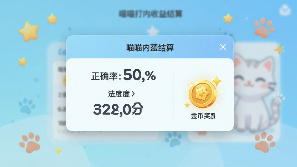 喵喵打字应用内收益结算界面截图,画面中央显示一张任务完成弹窗,弹窗内包含正确率百分比、打字速度数值和金币奖励图标,背景是浅蓝色渐变,周围点缀着星星和猫咪爪印图案,风格为清新明亮的UI设计,细节包括数字的清晰字体与金币的闪光效果,画质高清,干净整洁,无多余元素