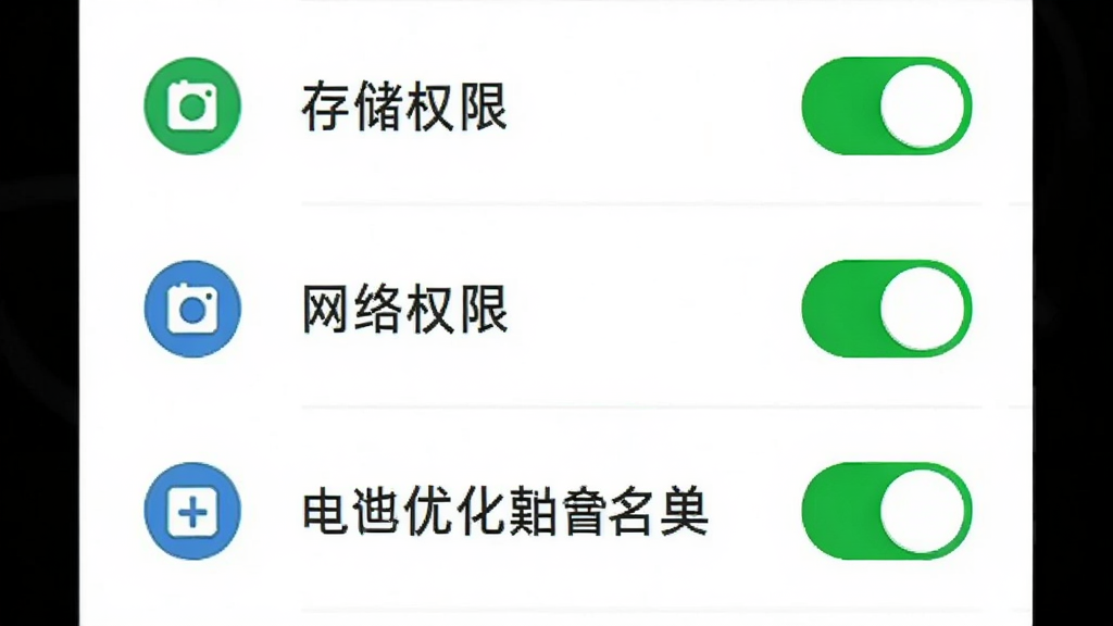 喵喵打字手机端设置界面截图,画面显示权限管理列表,包含存储权限、网络权限和电池优化白名单选项,背景为白色,风格为简洁列表式UI,细节包括权限开关的绿色高亮状态与图标设计,画质清晰,干净整洁,无多余元素