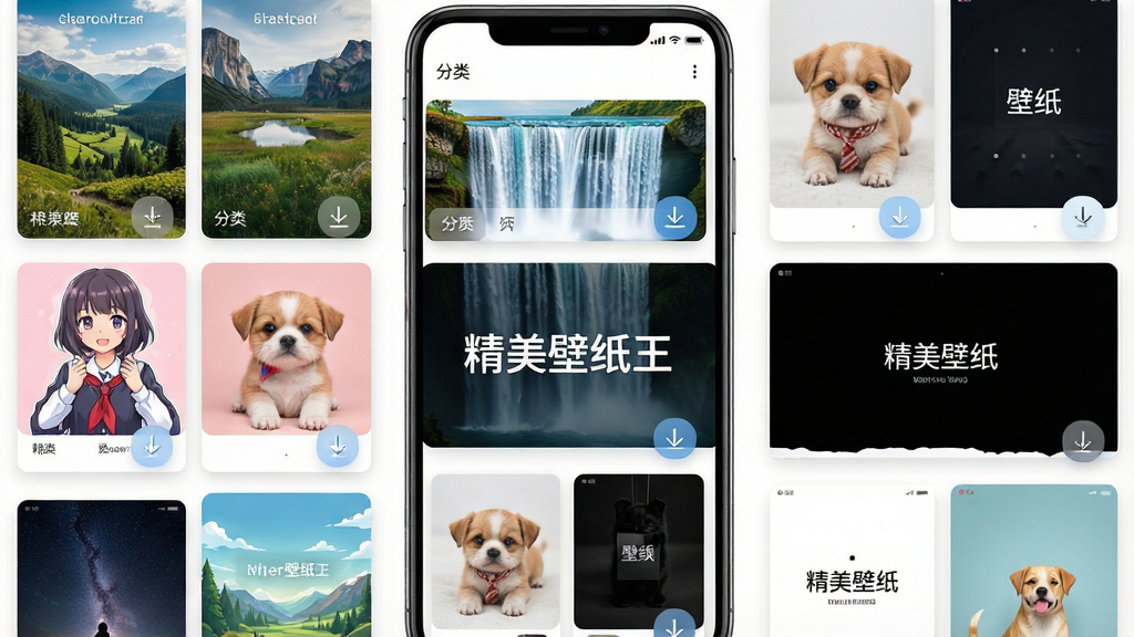 一张手机屏幕展示着色彩斑斓的壁纸瀑布流界面,画面中央有“精美壁纸王”字样,周围环绕着自然风景、动漫人物、萌宠动物、极简文字等不同风格的壁纸缩略图,布局为上下滚动式网格排版,风格清新明亮,细节包括壁纸分类标签、下载按钮图标,画质高清,干净整洁,无多余元素