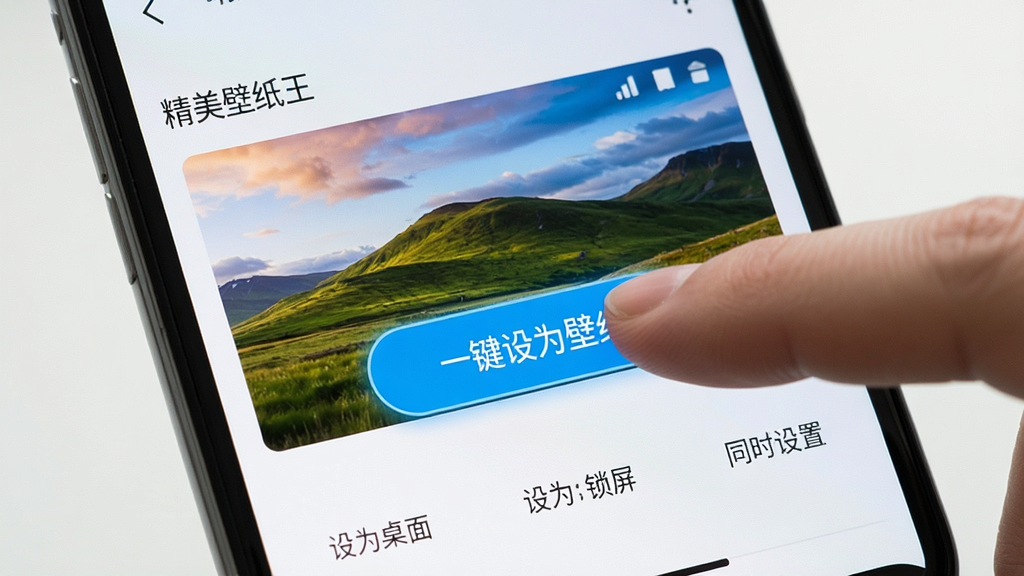 一张手机屏幕特写,画面中一只手正在点击“精美壁纸王”软件界面上的“一键设为壁纸”按钮,按钮呈现高亮状态,背景是刚下载完成的高清风景壁纸预览图,界面底部有“设为桌面”“设为锁屏”“同时设置”三个选项,风格简洁直观,画质清晰,干净无多余元素