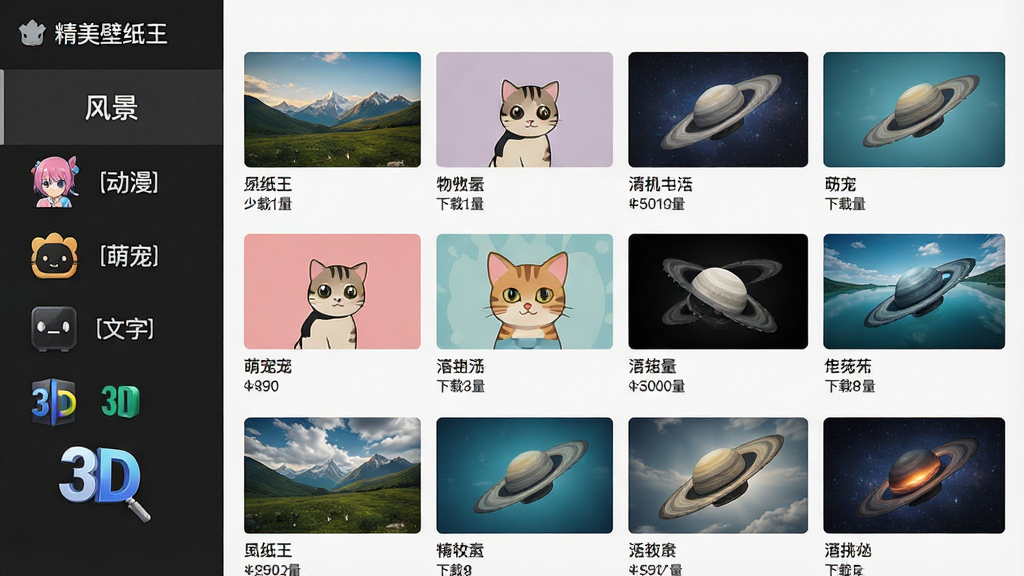 一张展示“精美壁纸王”软件内部分类页面的截图风格图片,画面左侧为竖排分类菜单,包含风景、动漫、萌宠、文字、3D等标签,右侧为对应分类下的壁纸缩略图网格,每张缩略图下方有小字标题和下载量数字,排版整齐,风格简约现代,画质高清,干净无杂乱元素