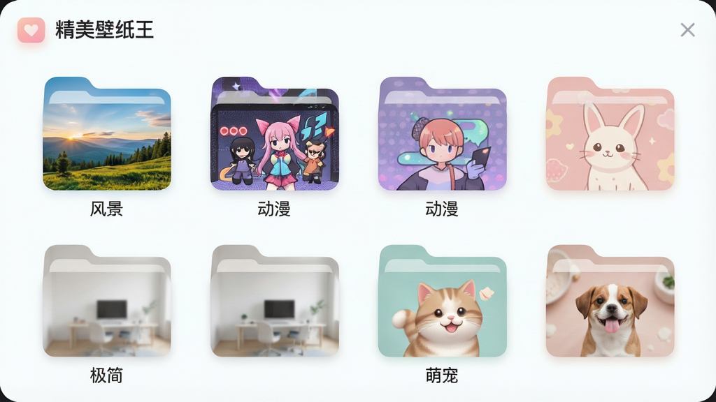 一张展示“精美壁纸王”软件个人收藏页面的图片,画面中显示多个收藏夹文件夹,分别标注“风景”“动漫”“极简”“萌宠”等标签,每个文件夹封面为一张代表性壁纸缩略图,界面风格柔和圆角,配色清新,排版为两列网格布局,画质高清,干净整洁