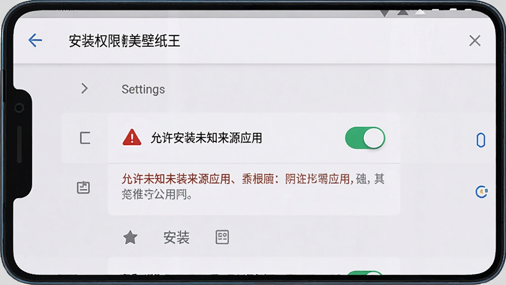 一部安卓手机屏幕显示“精美壁纸王”的安装权限设置界面,画面中有“允许安装未知来源应用”的开关按钮,旁边有红色警示图标和文字说明,背景为手机系统设置页面,风格写实清晰,画质高清,干净无多余元素