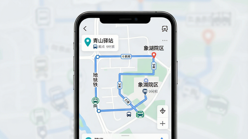 一张以“青山驿站”APP界面为主体的手机屏幕截图风格图片,画面中央展示地图路线规划界面,起点为“青山驿站”,终点为“象湖院区”,沿途标注地铁站与公交站;布局采用居中构图,背景为浅灰色;风格为科技感UI设计;细节包括路线线条、时间预估、换乘图标;画质清晰,干净,无多余元素。