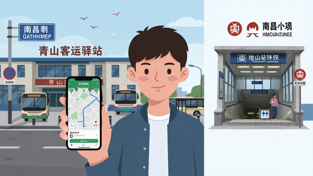 画面主体为一位年轻用户站在南昌街头,手持智能手机,屏幕显示“青山驿站”APP的路线导航界面;背景左侧是青山客运驿站建筑,右侧是地铁站入口;整体布局采用左右分栏,左侧实景照片风格,右侧APP界面截图风格;排版简洁,风格为现代扁平化插画;细节包括路牌、公交车、地铁标志;画质高清,干净,无多余元素。