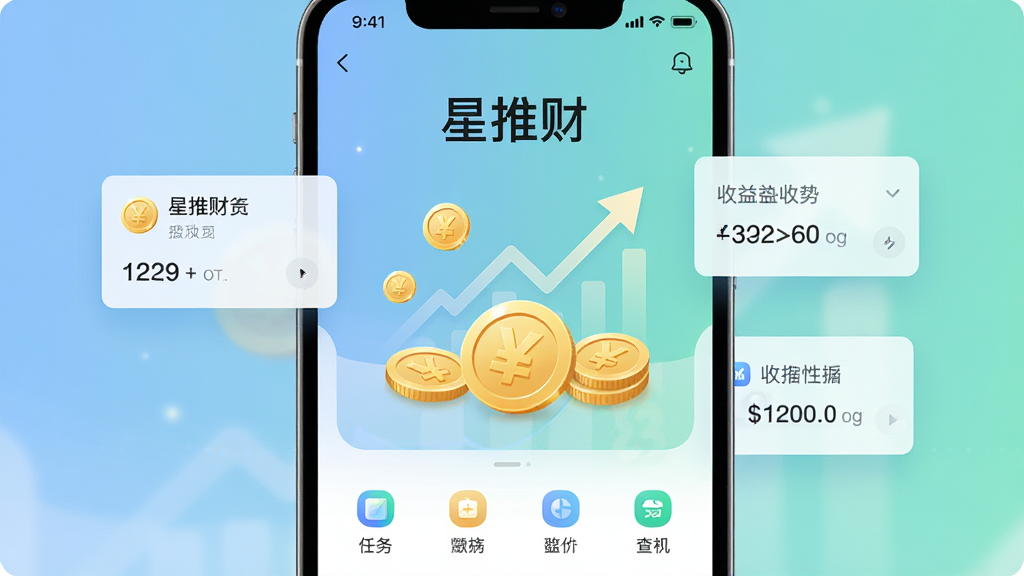 软件核心全貌图,主体为一部智能手机屏幕显示“星推财”应用主界面,界面中央有醒目的金币与上升趋势图表,布局采用居中对称构图,排版上方为应用名称下方为功能图标,风格为现代简约科技感,细节包括柔和的蓝绿渐变背景、悬浮的任务卡片与收益数字,画质高清、干净、无多余元素