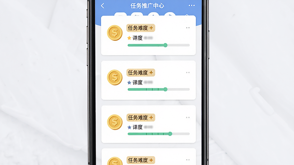 任务推广中心界面展示,主体为手机屏幕中排列整齐的任务卡片列表,布局采用纵向瀑布流排版,风格为清爽扁平化设计,细节包括每张卡片上的金币图标、任务难度标签与进度条,画质高清、干净、无多余元素