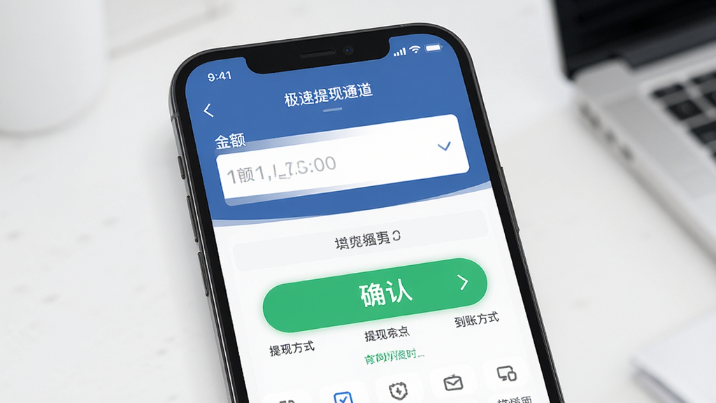 极速提现通道界面展示,主体为手机屏幕显示提现申请页面,布局采用上下结构上方为金额输入框下方为提现方式图标,风格为简约商务风,细节包括醒目的确认按钮与到账时间提示,画质高清、干净、无多余元素