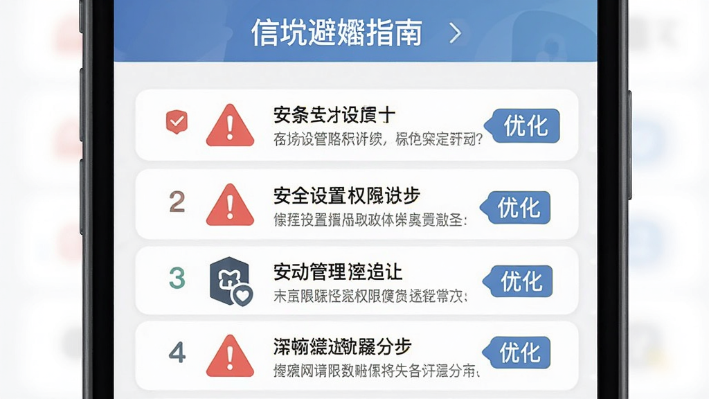 新手避坑指南信息图,主体为手机屏幕显示安全设置与权限管理界面,布局采用分步骤列表排版,风格为扁平化警示风格,细节包括红色警告图标、蓝色优化标签与灰色提示文字,画质高清、干净、无多余元素