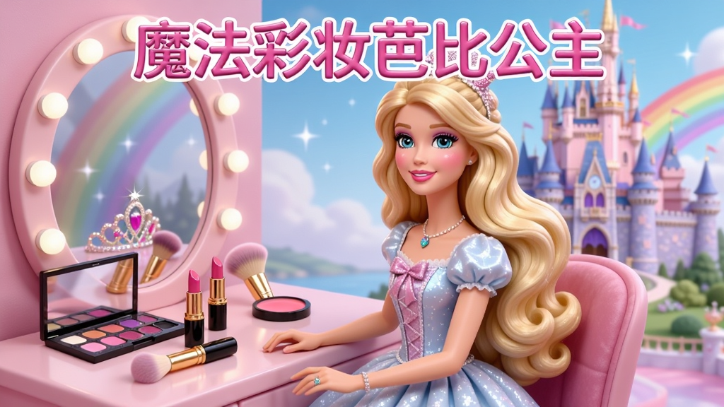 画面中央是一位金发芭比公主端坐在粉色化妆台前,桌面整齐摆放着眼影盘、口红、腮红刷与闪亮皇冠,背景是梦幻的紫色城堡与彩虹,整体采用卡通3D渲染风格,色彩明亮柔和,细节精致,画质清晰,画面干净,无多余元素,图片上方用粉色艺术字写着“魔法彩妆芭比公主”。