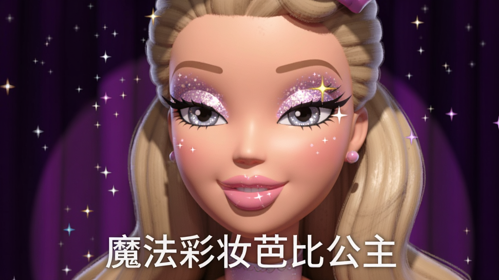 芭比公主在聚光灯下展示妆容,眼部珠光闪烁,嘴唇水润反光,周围有细小的星星粒子飘落,背景是深紫色舞台幕布,卡通3D风格,光影对比强烈,画质细腻,画面干净,图片下方用白色字体标注“魔法彩妆芭比公主”。