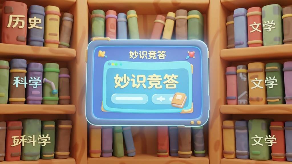一个虚拟的图书馆场景,书架上摆满了各种颜色的书籍,书籍上分别写着“历史”“科学”“文学”等字样,中央悬浮着一块发光的屏幕,屏幕中显示着“妙识竞答”的题目界面,风格采用3D卡通渲染,光线柔和明亮,细节丰富,画质清晰,无多余元素