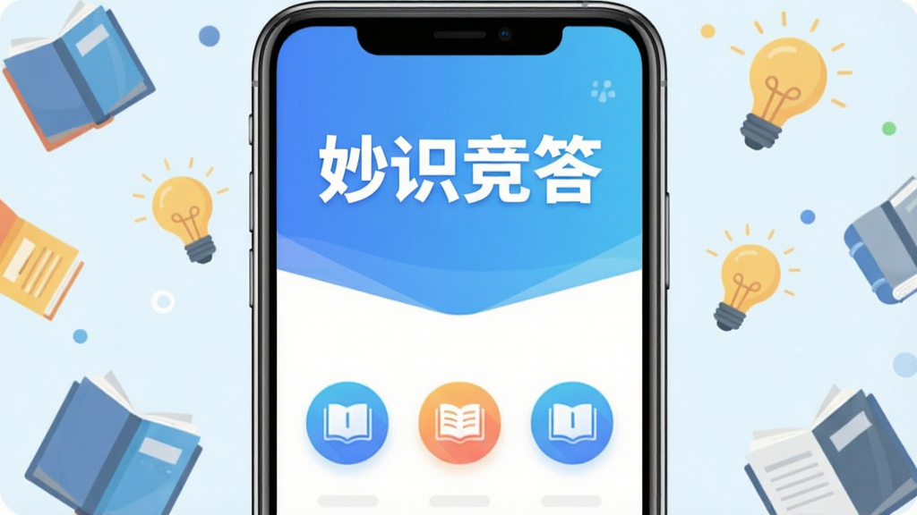 画面中央是一个明亮的手机屏幕,屏幕中显示着“妙识竞答”的启动界面,界面以蓝白渐变为主色调,上方有醒目的软件名称“妙识竞答”,下方排列着几个圆形的知识竞答图标,背景是散落的书籍和灯泡元素,整体风格清新简洁,采用扁平化设计,细节清晰,画质干净,无多余元素