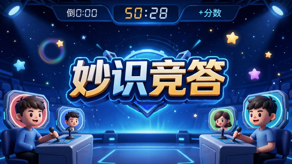 一个充满科技感的竞技场画面,中央是巨大的“妙识竞答”标志,两侧有卡通风格的用户头像正在抢答,屏幕上方显示倒计时和分数,背景是深蓝色星空,点缀着发光的星星和光晕,风格动感活力,画质细腻,无多余元素
