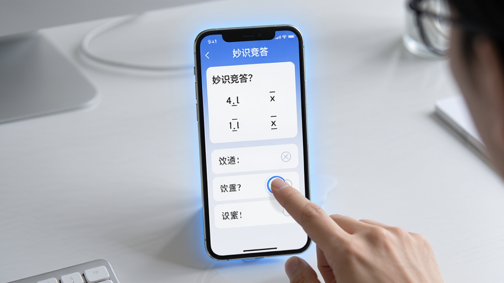 一部智能手机竖屏展示“妙识竞答”的答题界面,屏幕中显示一道选择题和四个选项,用户的手指正要点击其中一个答案,手机周围有淡淡的蓝色光晕,背景是简洁的浅灰色桌面,风格写实清新,细节清晰,画质干净,无多余元素