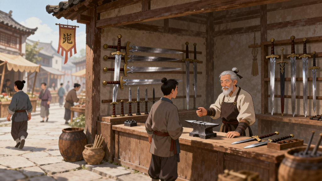 画面描绘铸剑大师游戏中的剑铺经营场景,古朴的店铺内陈列着各式长剑,柜台后一位铸剑师正在接待客人,店外街道上有行人往来,整体风格为中国古代市井风情插画,色调温暖柔和,细节精致,画质干净