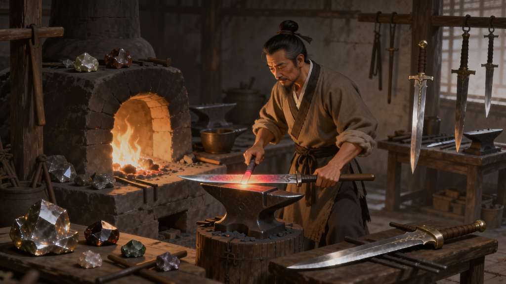 画面中央一位古代铸剑师正在炉火前锻打剑坯,四周摆放着各种矿石与半成品刀剑,背景是古朴的铸剑工坊,暖色调火光映照,整体风格为中国古风写实插画,细节丰富,画质清晰干净,无多余元素