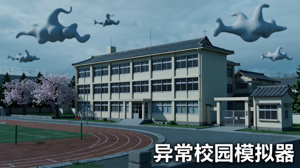 画面中央是一所风格写实的日式校园建筑,主体为三层教学楼,外墙呈米白色,窗户整齐排列。左侧是樱花树与操场跑道,右侧是校门与保安室。天空中漂浮着几朵形状怪异的云,整体色调偏冷,带有一丝神秘氛围。画面右下角用白色粗体字写着