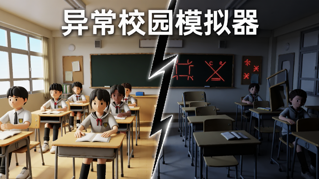 画面分为左右两部分对比展示,左侧是明亮正常的教室场景,学生们在认真听课;右侧是同一间教室但灯光昏暗,桌椅歪斜,黑板上写着红色奇怪符号。中间用一道闪电形状的分割线隔开,画面顶部用白色字体写着
