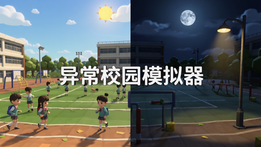 画面展示同一校园场景的两种状态,左侧是白天阳光明媚的操场,学生们在活动;右侧是夜晚同一操场,月光惨淡,空无一人,只有一盏路灯发出昏黄光芒。画面中央用白色字体写着