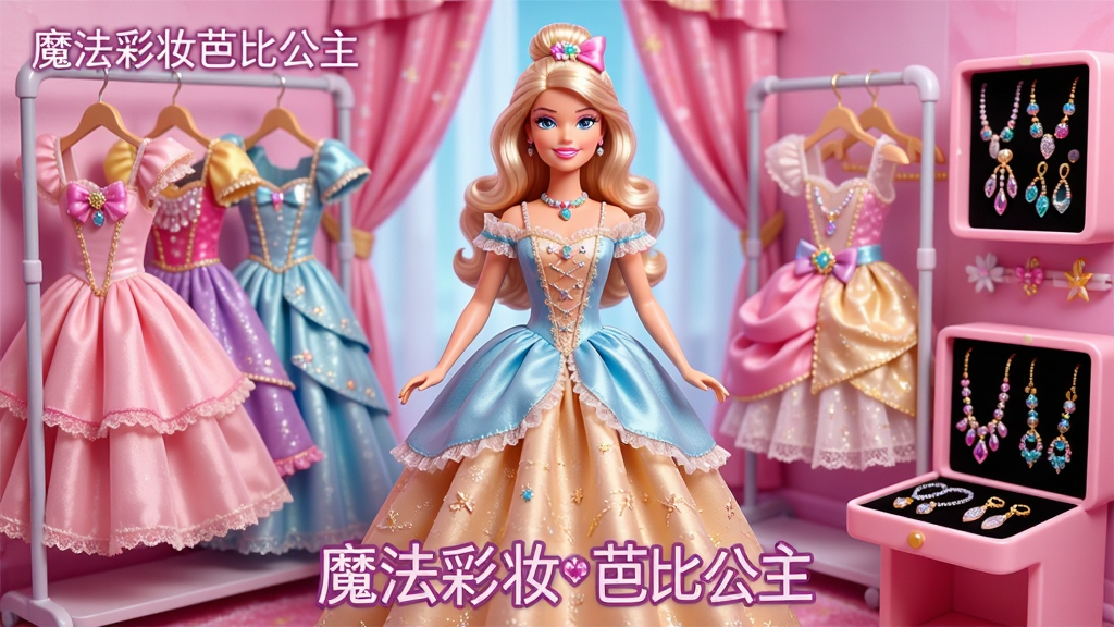 一张以芭比公主换装间为主题的图片,画面中央是身穿华丽礼服的人偶模型,两侧分别展示着衣架上的多套裙装和首饰柜中的项链耳环,布局左右对称,风格为梦幻少女风,细节包含服装面料的褶皱质感和珠宝的闪烁效果,画质细腻干净,画面中写有“魔法彩妆芭比公主”字样,无杂乱背景
