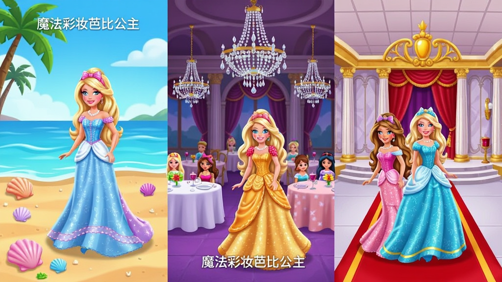 一幅展示多个主题场景的游戏画面,画面分割为海滩、宴会厅和宫廷三个区域,每个区域内有对应的芭比公主造型和背景装饰,布局采用横向排列方式,风格为色彩明快的卡通插画,细节包括沙滩上的贝壳、宴会厅的水晶灯和宫廷的红毯,画质高清干净,画面中标注“魔法彩妆芭比公主”,无多余元素