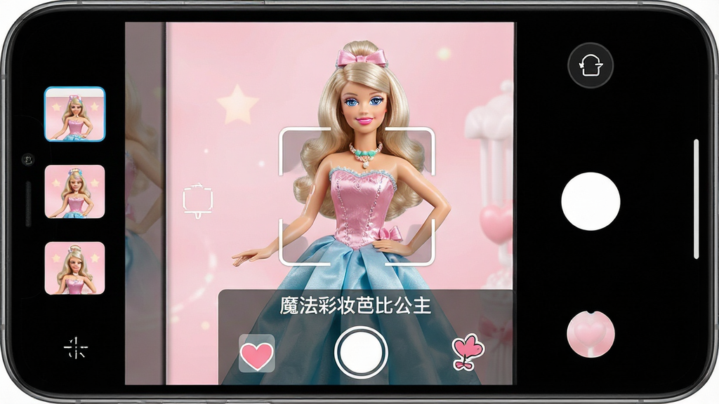 一张模拟手机拍照界面的图片,画面中芭比公主摆出优雅姿势,四周有相机取景框、滤镜选项和贴纸工具栏,布局符合手机应用操作逻辑,风格为现代简约与甜美风结合,细节突出屏幕上的对焦框和快门按钮,画质清晰干净,画面中显示“魔法彩妆芭比公主”文字,无多余元素